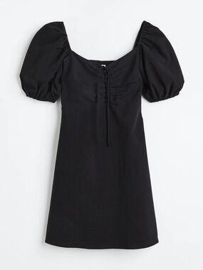 H&M Black Puff-Sleeve Linen Blend Lace-Up Mini Dress XS